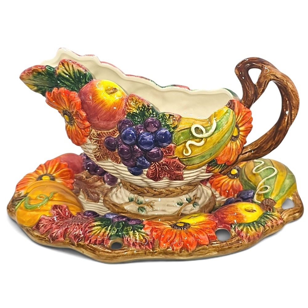 Fitz & Floyd‎ 1997 Autumn Bounty Two Piece Gravy Boat and Underplate EUC